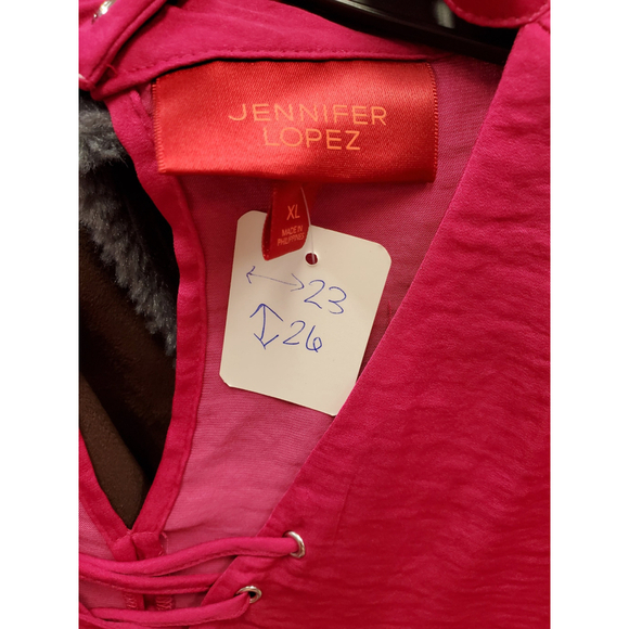 Jennifer Lopez Magenta Pink Lace-Up Blouse XL Bell Sleeve Choker Neck Top - Picture 4 of 4